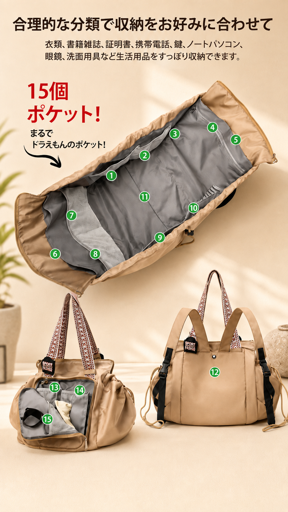 15ポケット 3WAY多機能バッグ